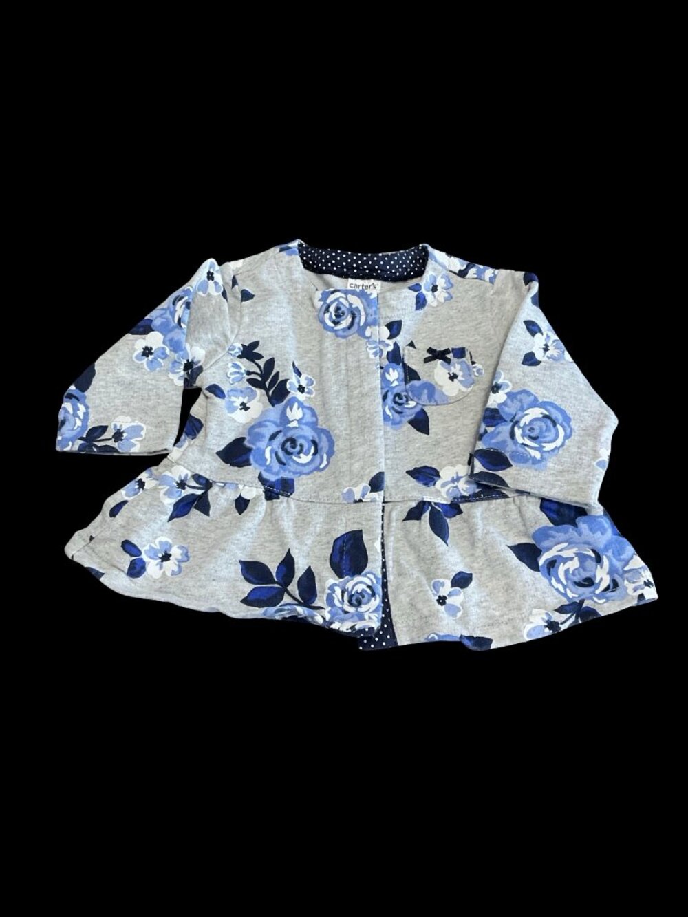 Grey/Blue/White Floral Print Cardigan w/ Peplum